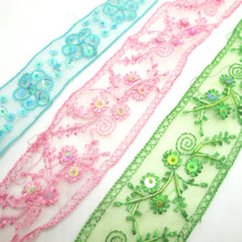 画像をギャラリービューアに読み込む, 1 7/8 Inches Colorful Sequined and Thread Edged Embroidered Ribbon Trim|Beaded Embroidered Trim|Craft Supplies|Scrapbooking