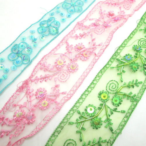 1 7/8 Inches Colorful Sequined and Thread Edged Embroidered Ribbon Trim|Beaded Embroidered Trim|Craft Supplies|Scrapbooking