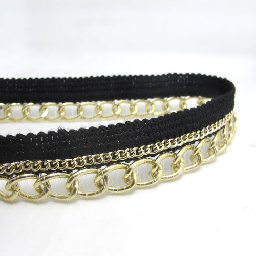 1 Inch Sequined and Chained Woven Gimp Trim|Black and Gold|Vintage Costume Making|Hair Supplies Embellishment|Shiny Decorative Trim