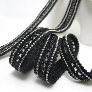 1/2 Inch Chained Woven Gimp Trim|Black and Silver|Vintage Costume Making|Hair Supplies Embellishment|Shiny Decorative Trim