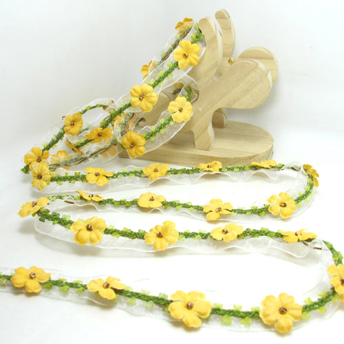 2 Yards Yellow Rose Petal Woven Rococo Ribbon Trim on Chiffon Ribbon|Decorative Floral Ribbon|Scrapbook Materials|Clothing|Craft Supplies