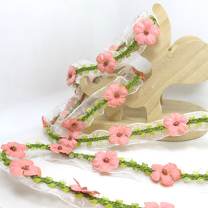 2 Yards Pink Rose Petal Woven Rococo Ribbon Trim on Chiffon Ribbon|Decorative Floral Ribbon|Scrapbook Materials|Clothing|Craft Supplies