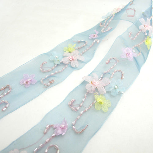 1 5/8 Inches Blue Chiffon Organza Hand beaded Embroidered Floral Trim|Chiffon Flower Trim|Hair Bow Making Jewelry Sewing Couture