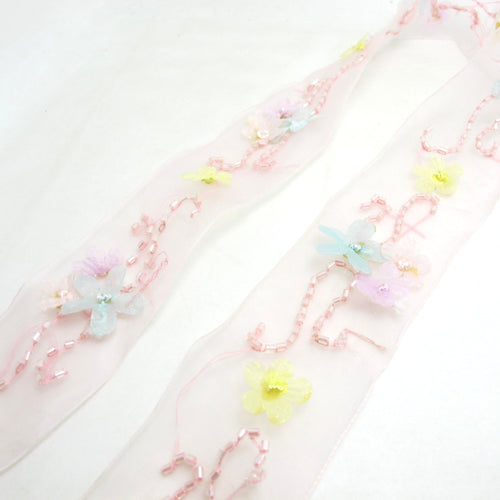 1 5/8 Inches Pink Chiffon Organza Hand beaded Embroidered Floral Trim|Chiffon Flower Trim|Hair Bow Making Jewelry Sewing Couture