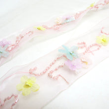 画像をギャラリービューアに読み込む, 1 5/8 Inches Pink Chiffon Organza Hand beaded Embroidered Floral Trim|Chiffon Flower Trim|Hair Bow Making Jewelry Sewing Couture