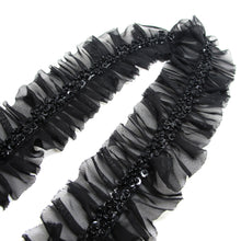 Load image into Gallery viewer, 2 Inches Black Unique Hand Beaded Trim on Pleated Chiffon Trim|Costume Clothing Trim|Shiny Passementerie|Decorative Embellishment