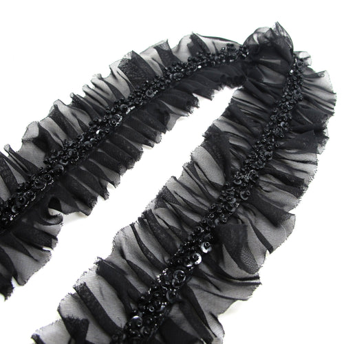 2 Inches Black Unique Hand Beaded Trim on Pleated Chiffon Trim|Costume Clothing Trim|Shiny Passementerie|Decorative Embellishment