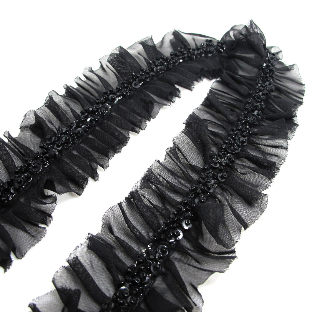 2 Inches Black Unique Hand Beaded Trim on Pleated Chiffon Trim|Costume Clothing Trim|Shiny Passementerie|Decorative Embellishment