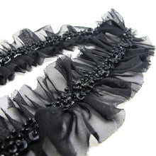 Charger l&#39;image dans la galerie, 2 Inches Black Unique Hand Beaded Trim on Pleated Chiffon Trim|Costume Clothing Trim|Shiny Passementerie|Decorative Embellishment