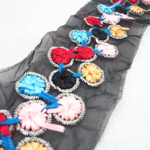 3 1/2 Inches Embroidered Black Tulle|Colorful Embroidery Trim|Home Decorative Embellishment|Costume Vintage Sewing Supplies