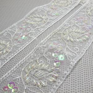1 7/8 Inches White Sequin Beaded Embroidered Trim|Floral Ribbon|Handmade Decorative Embellishment|Costume Clothing Sewing Edging Trim