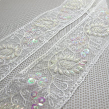 画像をギャラリービューアに読み込む, 1 7/8 Inches White Sequin Beaded Embroidered Trim|Floral Ribbon|Handmade Decorative Embellishment|Costume Clothing Sewing Edging Trim