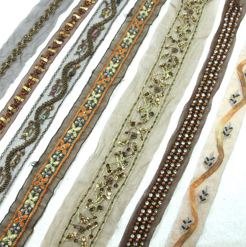 Brown Bead Sequined Hand Sewn Ribbon Trim|Embroidered Chiffon Trim|Vintage Decor Embellishment Costume Making DIY Supplies