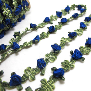 2 Yards Blue Satin Rose Buds Woven Rococo Ribbon Trim|Decorative Floral Ribbon|Scrapbook Materials|Clothing|Decor|Craft Supplies