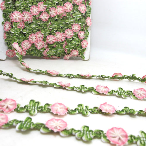 2 Yards Pink Flowers Woven Rococo Ribbon Trim|Decorative Floral Ribbon|Scrapbook Materials|Clothing|Decor|Craft Supplies