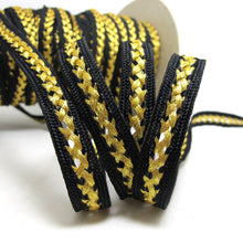 Charger l&#39;image dans la galerie, 3/8 Inch Black and Gold Woven Trim|Shiny Narrow Ribbon Trim|Woven Border|Metallic Jacquard Trim|Flag Scalloped Edge|Gold Threaded Decoration