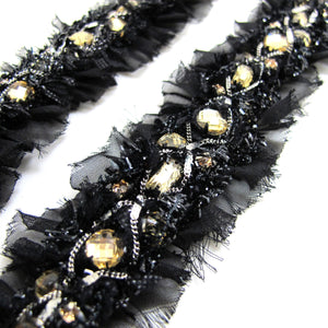 1 9/16 Inch Black Chiffon Pleated Trim with Chain and Stones Decor|Elegant Embellishment|Home Decor|Costume Making|Clothing Belt Strap