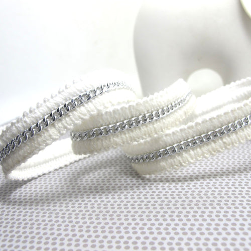 5/8 Inch Sequined and Chained Woven Gimp Trim|White and Silver|Vintage Costume Making|Hair Supplies Embellishment|Shiny Decorative Trim