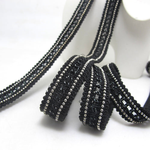1/2 Inch Chained Woven Gimp Trim|Black and Silver|Vintage Costume Making|Hair Supplies Embellishment|Shiny Decorative Trim