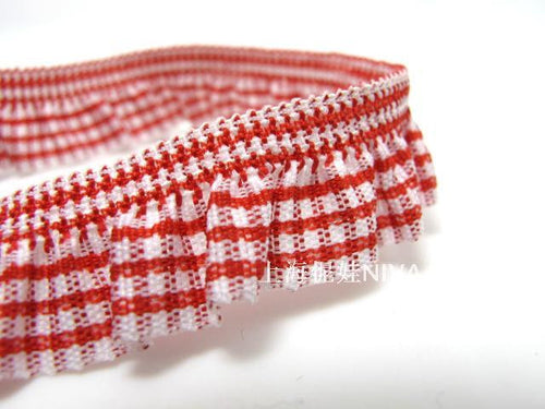 2 Yards 3/4 Inch Red Checkered Pleated Elastic Stretchy Trim|Doll Costume|Girl Dress Edging Trim|Lampshade Border Lace