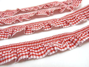2 Yards 3/4 Inch Red Checkered Pleated Elastic Stretchy Trim|Doll Costume|Girl Dress Edging Trim|Lampshade Border Lace