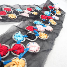 画像をギャラリービューアに読み込む, 3 1/2 Inches Embroidered Black Tulle|Colorful Embroidery Trim|Home Decorative Embellishment|Costume Vintage Sewing Supplies
