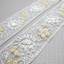 Charger l&#39;image dans la galerie, 1 7/8 Inches White Sequin Beaded Embroidered Trim|Floral Ribbon|Handmade Decorative Embellishment|Costume Clothing Sewing Edging Trim