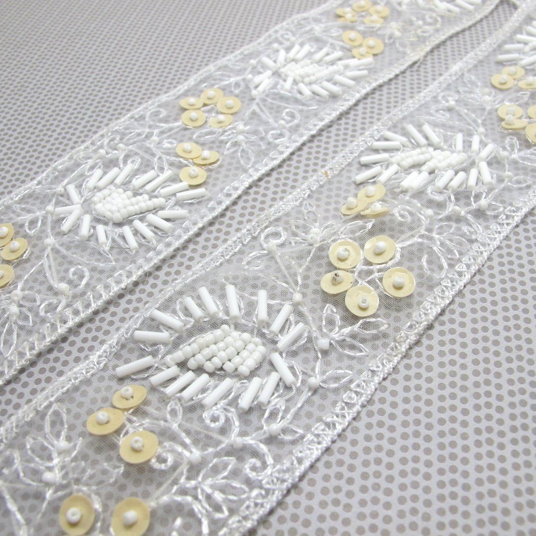 1 7/8 Inches White Sequin Beaded Embroidered Trim|Floral Ribbon|Handmade Decorative Embellishment|Costume Clothing Sewing Edging Trim