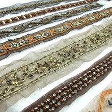 Load image into Gallery viewer, Brown Bead Sequined Hand Sewn Ribbon Trim|Embroidered Chiffon Trim|Vintage Decor Embellishment Costume Making DIY Supplies