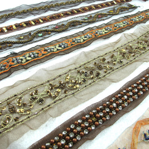 Brown Bead Sequined Hand Sewn Ribbon Trim|Embroidered Chiffon Trim|Vintage Decor Embellishment Costume Making DIY Supplies