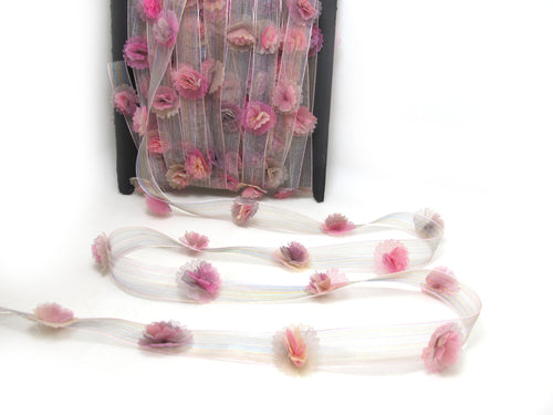 1/2 Inch Ombre Chiffon Trim with Multicolor Chiffon Handmade Flowers|Organza Floral Trim|Hair Decorative Embellishment|Scrapbook Art