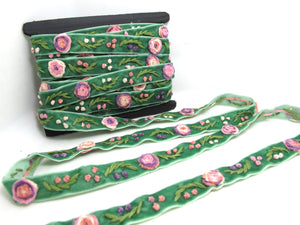 5/8 Inch Green Yarn Flowers Embroidered Velvet Ribbon|Sewing|Quilting|Craft Supplies|Hair Accessories