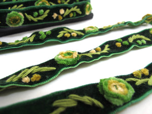 5/8 Inch Green Yarn Flowers Embroidered Velvet Ribbon|Sewing|Quilting|Craft Supplies|Hair Accessories