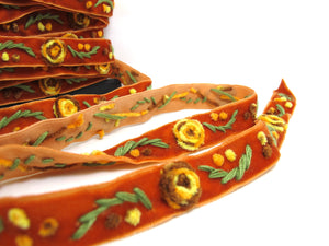 5/8 Inch Orange Yarn Flowers Embroidered Velvet Ribbon|Sewing|Quilting|Craft Supplies|Hair Accessories
