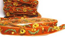 Load image into Gallery viewer, 5/8 Inch Orange Yarn Flowers Embroidered Velvet Ribbon|Sewing|Quilting|Craft Supplies|Hair Accessories