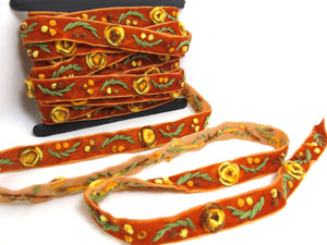 5/8 Inch Orange Yarn Flowers Embroidered Velvet Ribbon|Sewing|Quilting|Craft Supplies|Hair Accessories
