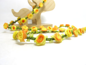 Special Edition|Compact Yellow and Orange Ombre Rose Buds on Green Woven Rococo Ribbon Trim|Decorative Floral Ribbon|Scrapbook|Clothing