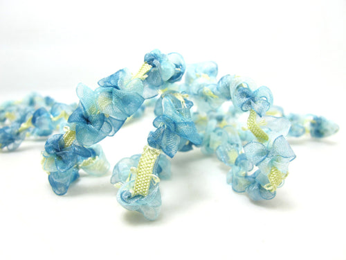 2 Yards Woven Rococo Ribbon Trim with Blue Chiffon Flower|Decorative Floral Ribbon|Scrapbooking|Clothing|Decor|Craft Supplies