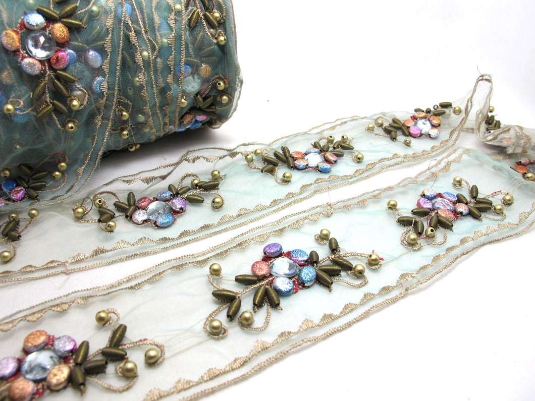 2 9/16 Inches Turquoise Sequin Beaded Embroidered Trim|Floral Ribbon|Handmade Decorative Embellishment|Costume Clothing Sewing Edging Trim