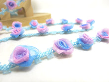Load image into Gallery viewer, Special Edition|Compact Blue and Purple Ombre Rose Buds on Woven Rococo Ribbon Trim|Decorative Floral Ribbon|Scrapbook|Clothing Supplies
