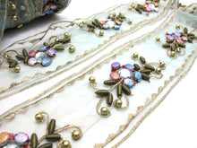 画像をギャラリービューアに読み込む, 2 9/16 Inches Turquoise Sequin Beaded Embroidered Trim|Floral Ribbon|Handmade Decorative Embellishment|Costume Clothing Sewing Edging Trim