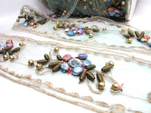 画像をギャラリービューアに読み込む, 2 9/16 Inches Turquoise Sequin Beaded Embroidered Trim|Floral Ribbon|Handmade Decorative Embellishment|Costume Clothing Sewing Edging Trim