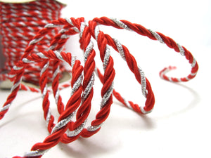 CLEARANCE|5 Yards 4mm Silver and Red Twist Cord Rope Trim|Craft Supplies|Scrapbook|Decoration|Hair Supplies|Embellishment|Shiny Glittery
