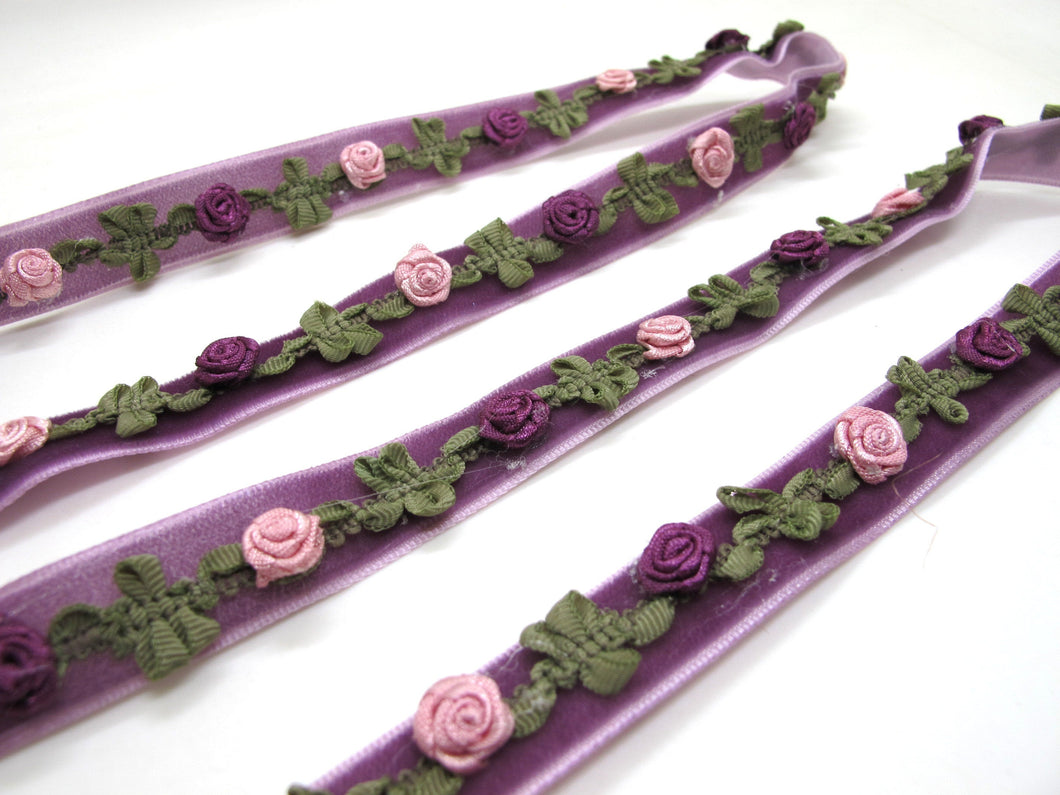 2 Yards 5/8 Inch Velvet with Woven Rococo Ribbon Trim with Rose Flower Buds|Decorative Floral Ribbon|Scrapbook|Clothing|Craft Supplies