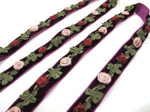 2 Yards 5/8 Inch Velvet with Woven Rococo Ribbon Trim with Rose Flower Buds|Decorative Floral Ribbon|Scrapbook|Clothing|Craft Supplies