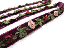 Load image into Gallery viewer, 2 Yards 5/8 Inch Velvet with Woven Rococo Ribbon Trim with Rose Flower Buds|Decorative Floral Ribbon|Scrapbook|Clothing|Craft Supplies