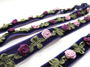 2 Yards 5/8 Inch Velvet with Woven Rococo Ribbon Trim with Rose Flower Buds|Decorative Floral Ribbon|Scrapbook|Clothing|Craft Supplies