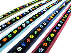 13/16 Inch Beaded Floral Velvet Ribbon Trim|Delicate Flower Lace Trim|Chenille Trim|Handmade Sewing Supplies|Hair Supplies Accessories