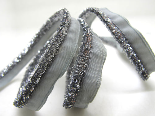 5 Yards 3/8 Inch Silver and Gray Glittery Velvet Braided Lip Cord Trim|Piping Trim|Pillow Trim|Cord Edge Trim|Upholstery Edging Trim