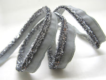 Load image into Gallery viewer, 5 Yards 3/8 Inch Silver and Gray Glittery Velvet Braided Lip Cord Trim|Piping Trim|Pillow Trim|Cord Edge Trim|Upholstery Edging Trim